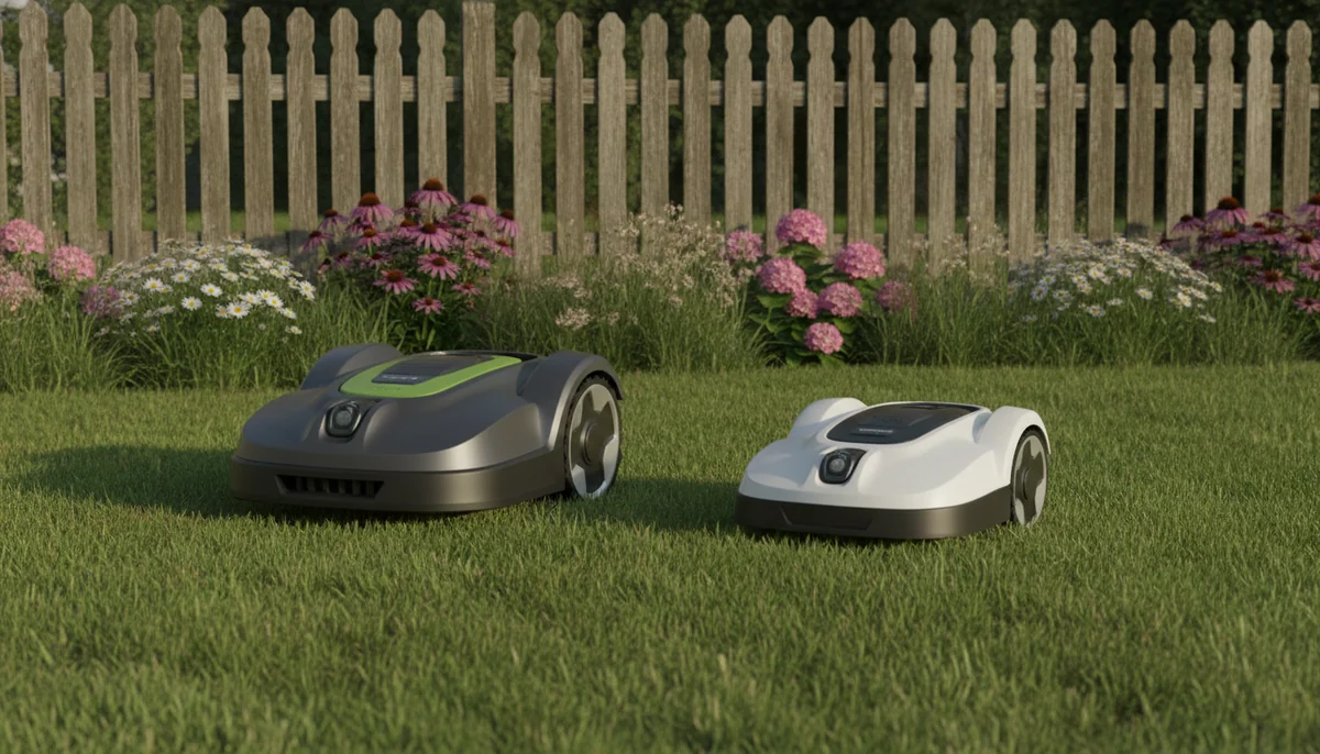 Two robotic lawn mowers of different sizes stand on a neat suburban lawn beside a wooden fence and flowering border.