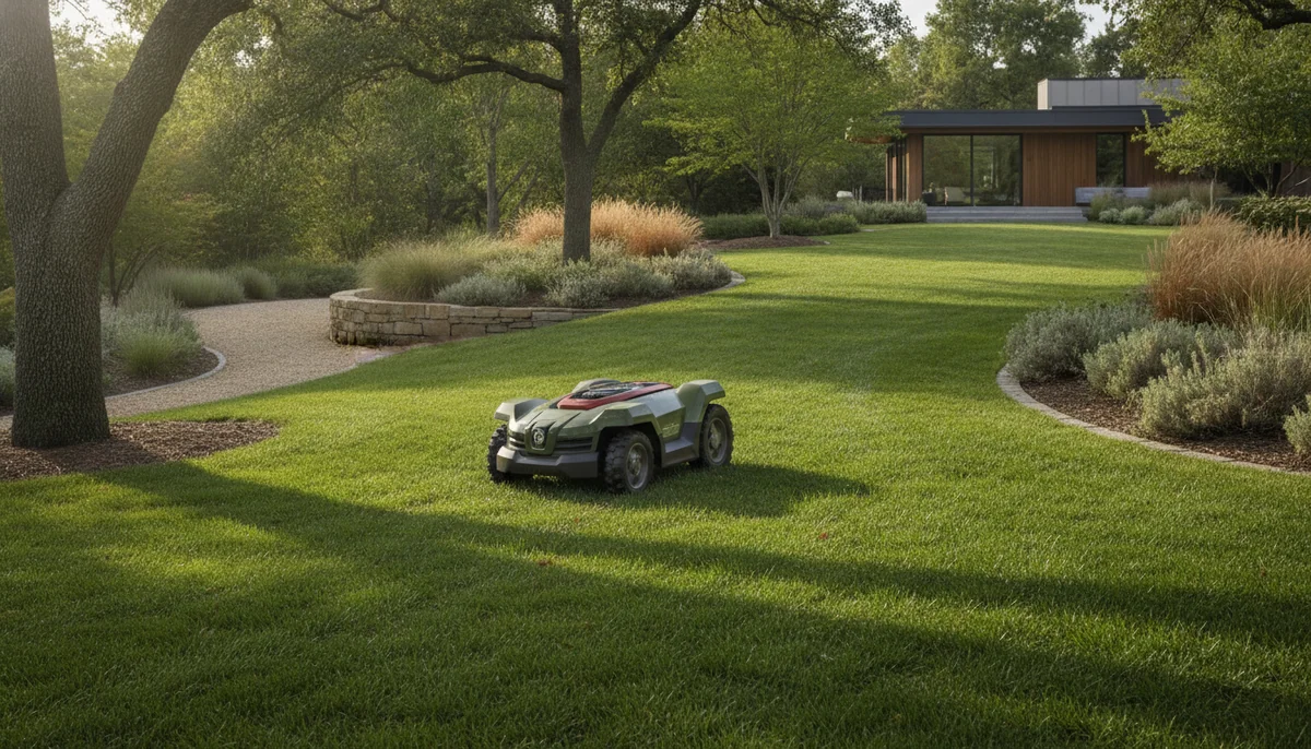A rugged all-wheel-drive robotic lawn mower works across a large landscaped yard with slopes, trees, and curved borders.