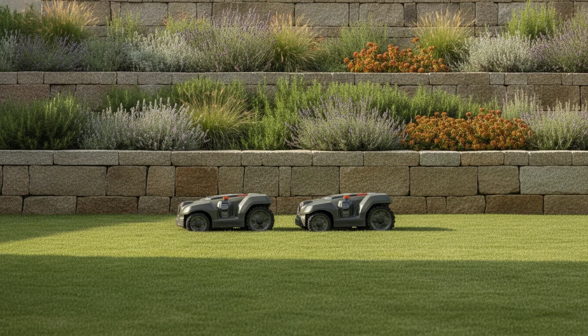 Two rugged all-wheel-drive robotic lawn mowers stand on a large lawn beside a retaining wall and broad garden beds.