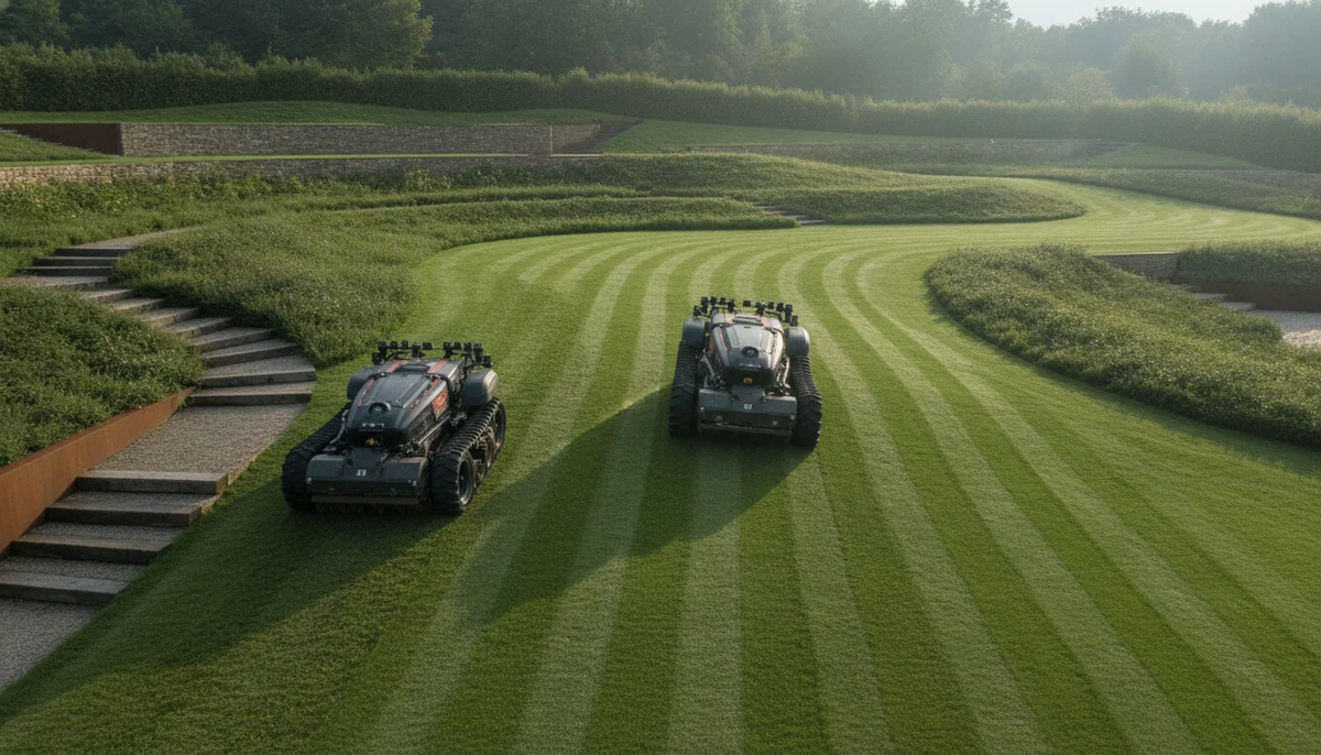 Two heavy-duty all-wheel-drive robotic lawn mowers climb separate sections of a large sloping landscaped lawn.