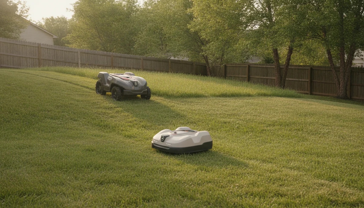 A large all-wheel-drive robotic mower and a compact wire-free mower work across a backyard lawn with a short hill.