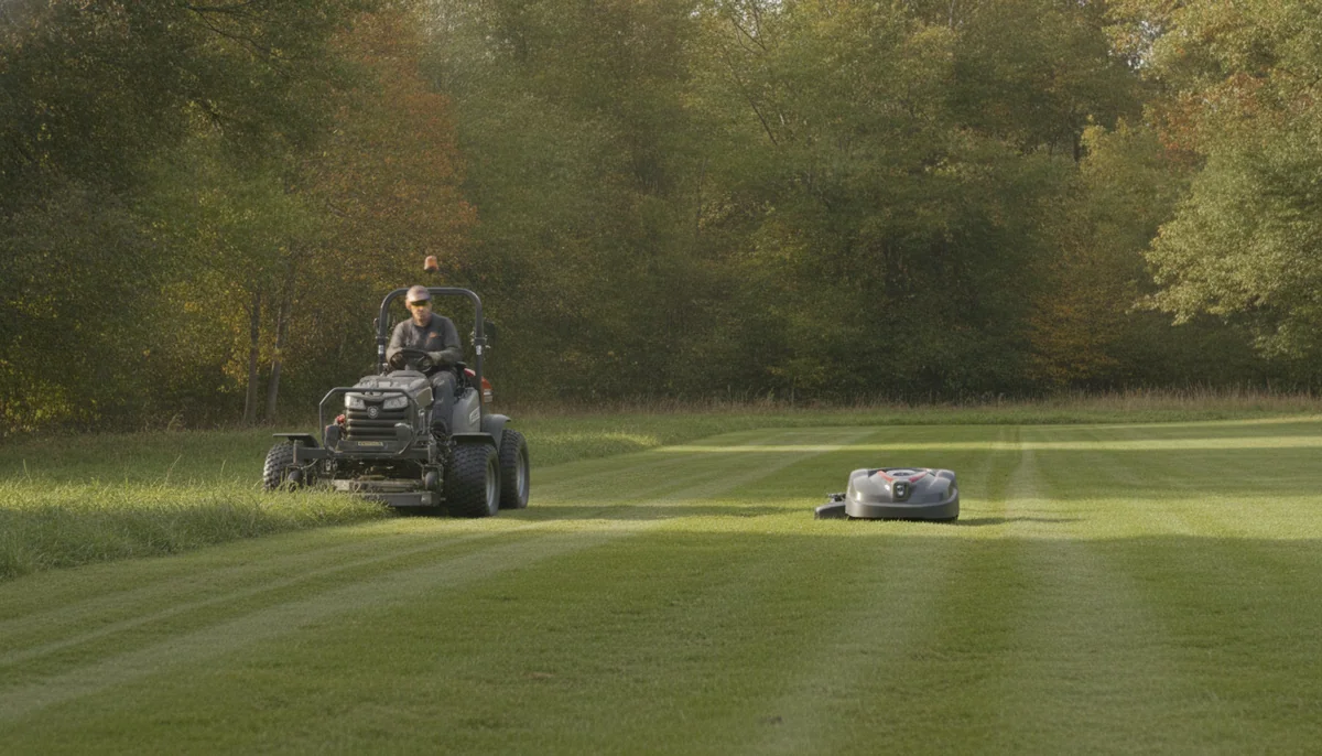 A rugged all-wheel-drive mower and a large wire-free robotic mower work across a property lawn bordered by trees.