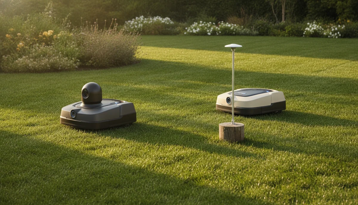 A robotic mower with a raised sensor housing and a robotic mower using a nearby yard antenna work on the same lawn.