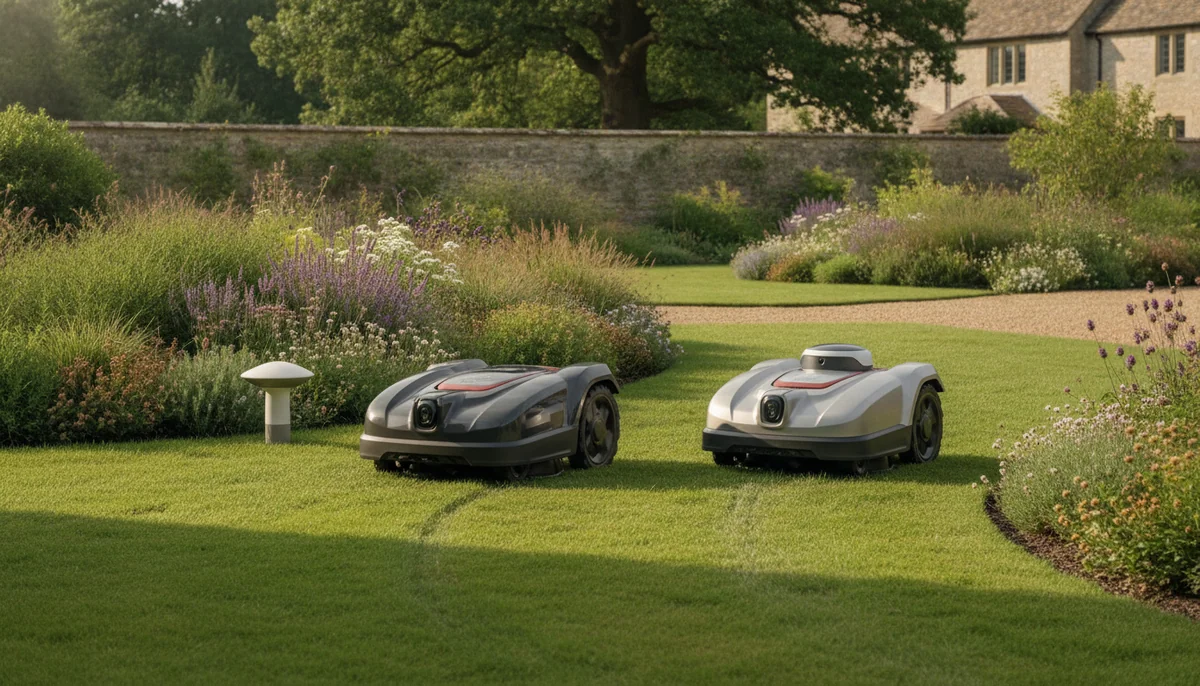Two wire-free robotic lawn mowers work around garden beds, one with a yard antenna nearby and one with a raised sensor housing.