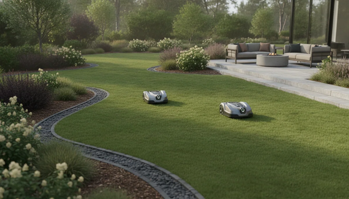 Two robotic lawn mowers work on a landscaped yard with a medium lawn area, curved borders, and a patio.