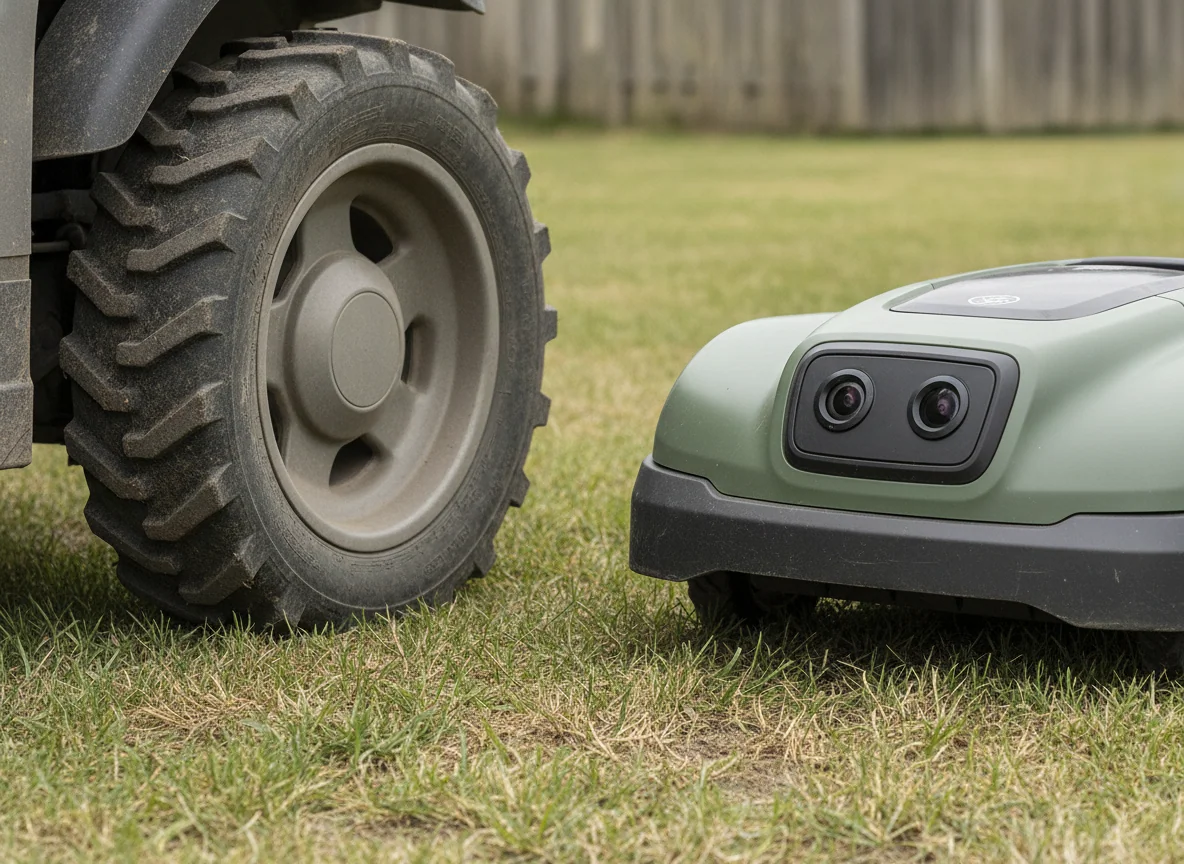 The treaded wheels of a large robotic mower stand beside the front camera panel of a compact mower.