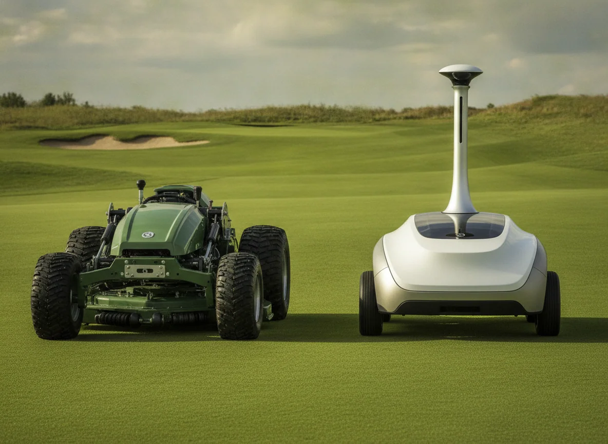 A wide treaded-wheel mower sits beside a smooth-bodied mower with a tall navigation sensor.
