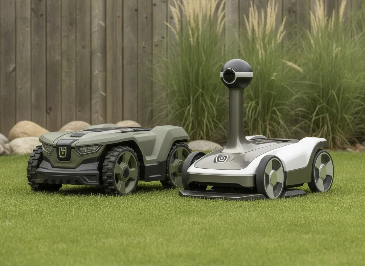 A treaded-wheel robotic mower stands beside a smooth mower with a raised navigation sensor and narrower wheels.