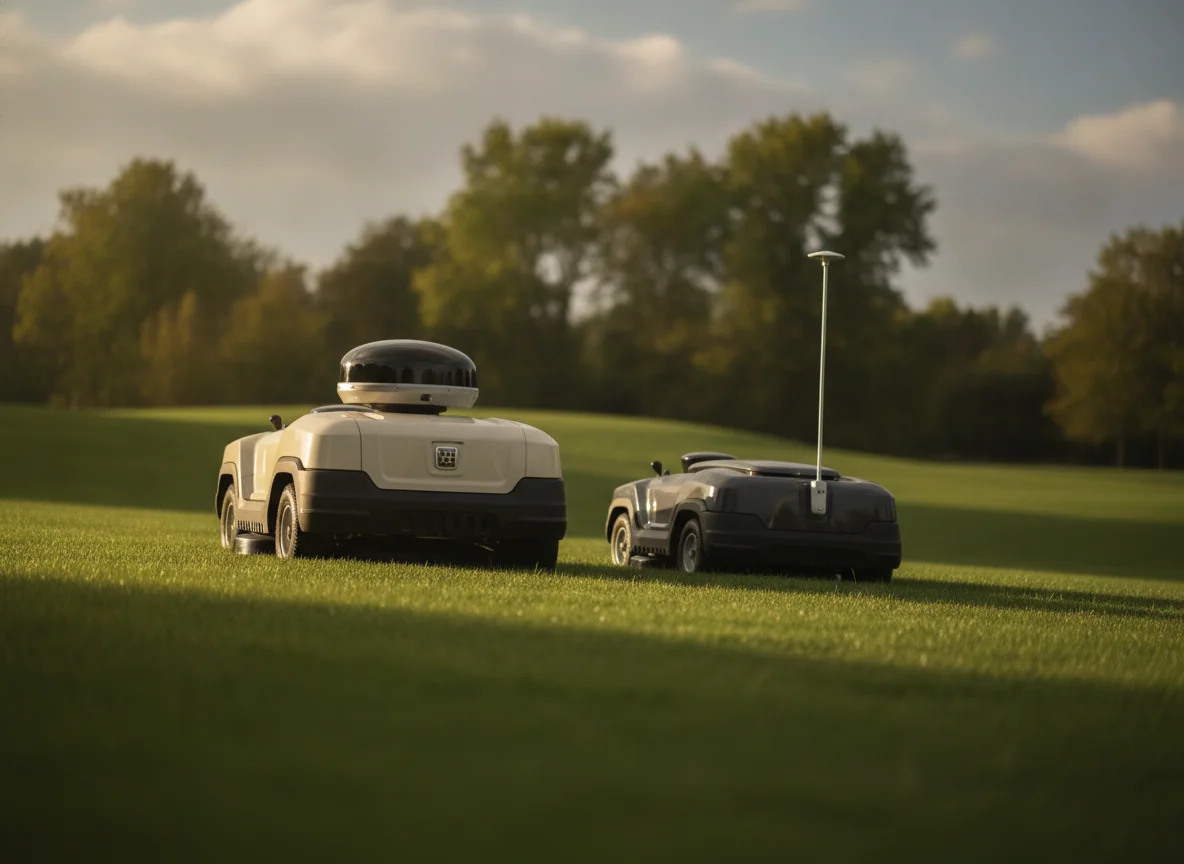 A raised navigation sensor on one mower stands beside a small positioning antenna behind the other mower.