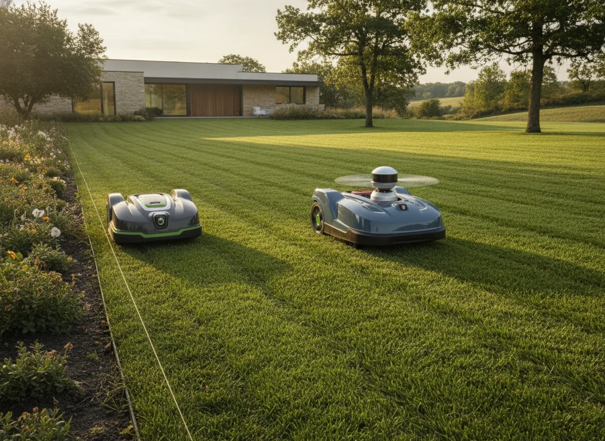 A thin boundary wire runs beside one mower while the other mower shows a raised navigation sensor.