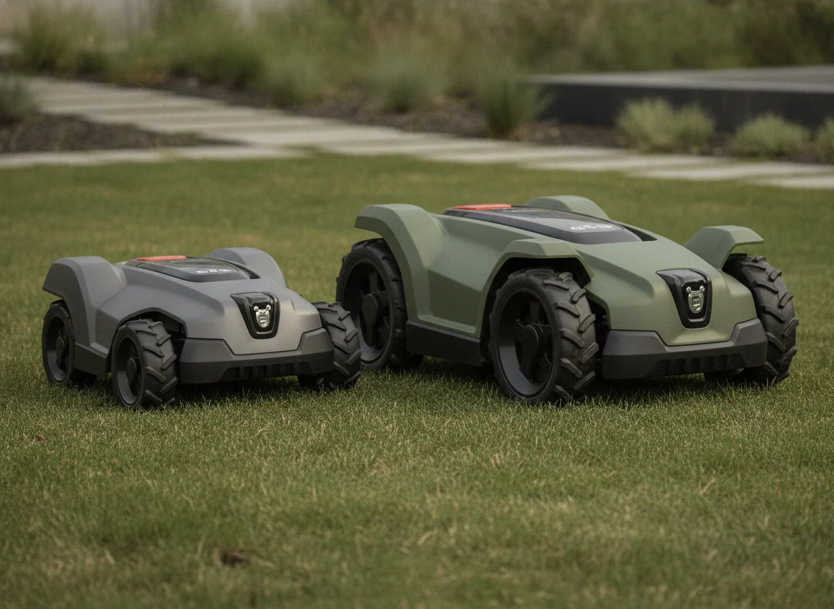 Two rugged robotic mowers show wide wheel stances, deep tread, and different body lengths on grass.