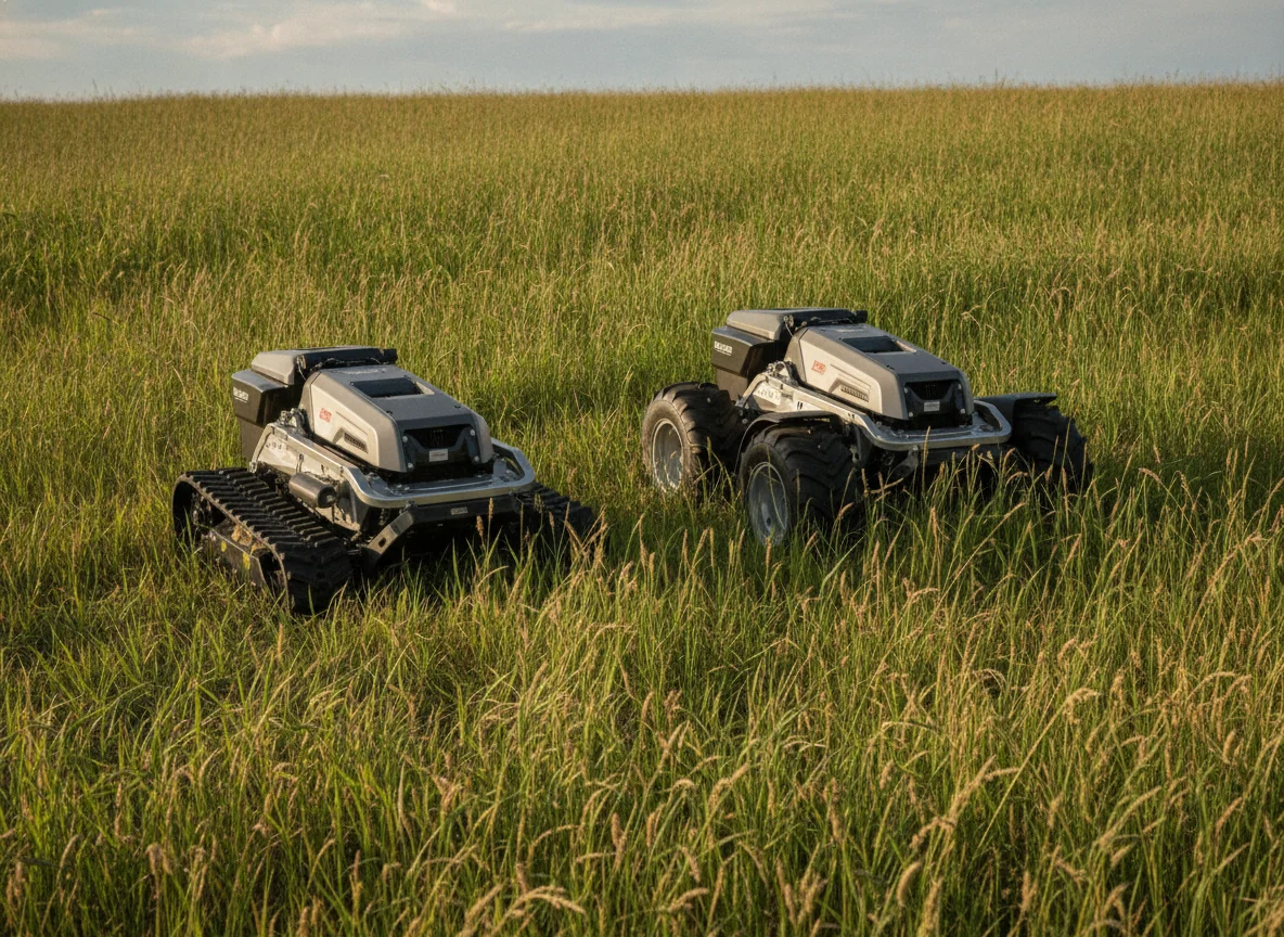 A tracked remote-control mower and a wheeled remote-control mower sit side by side in thick grass.