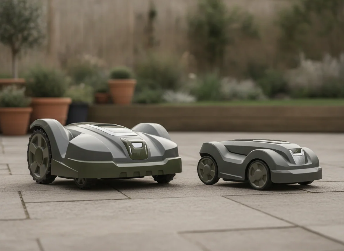 Two related robotic lawn mower bodies sit side by side, showing different wheel sizes and cutting widths.