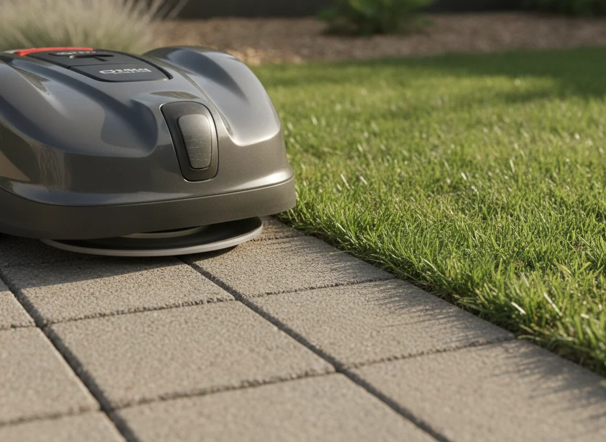 The cutting side of a robotic lawn mower runs close to a concrete path with a narrow strip of trimmed grass beside it.