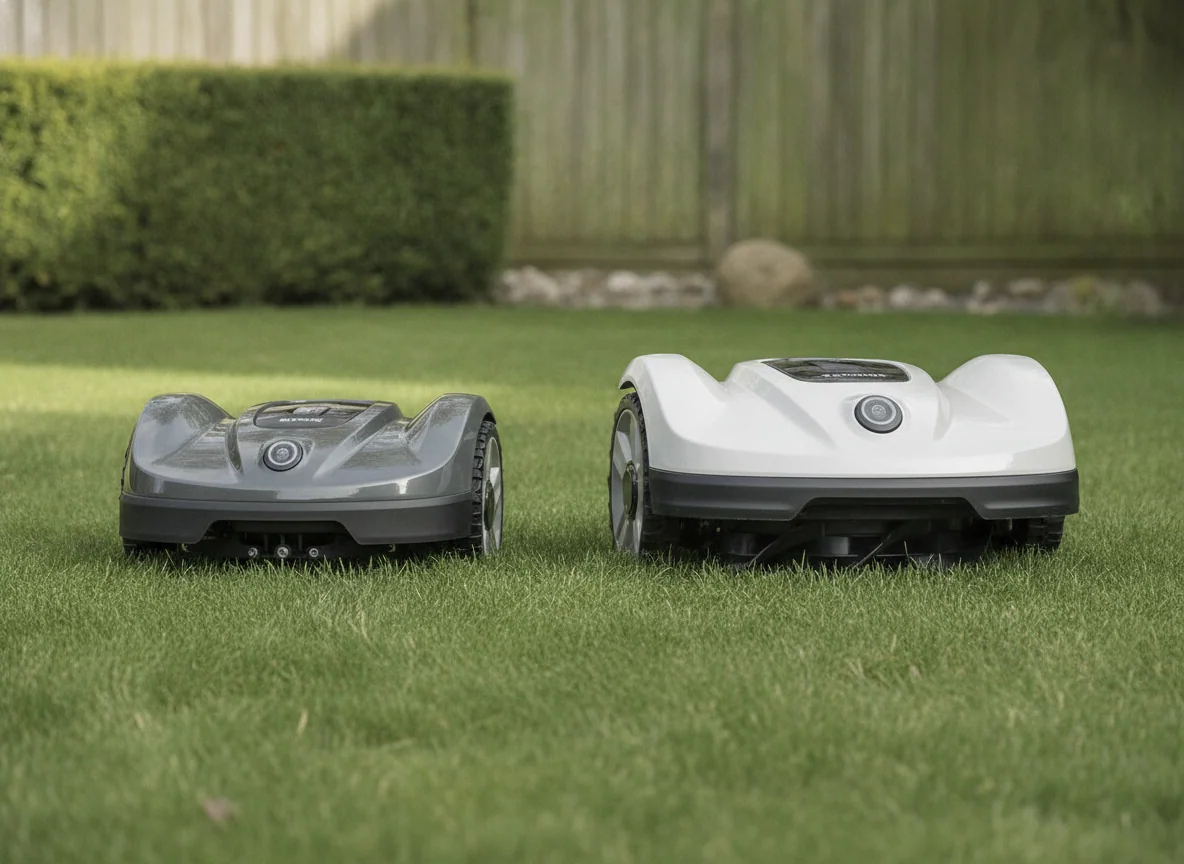 Two similar compact robotic mowers show different body widths and cutting deck sizes on grass.