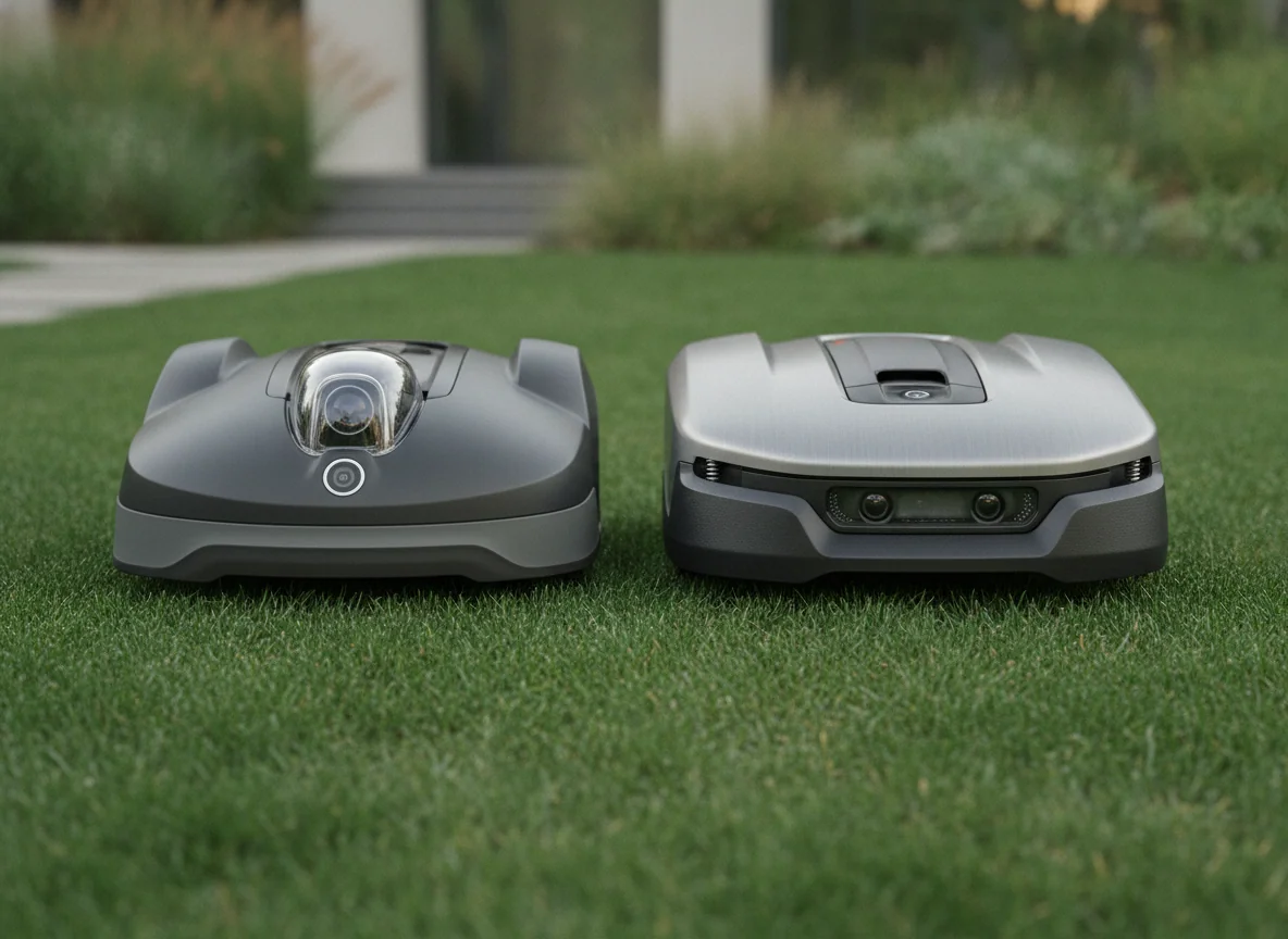 Two robotic lawn mowers face forward on grass, showing different front sensors and bumper shapes.