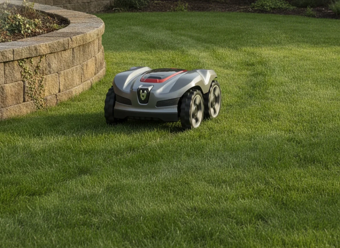 A robust robotic lawn mower with large wheels turns on grass beside a low stone retaining wall.