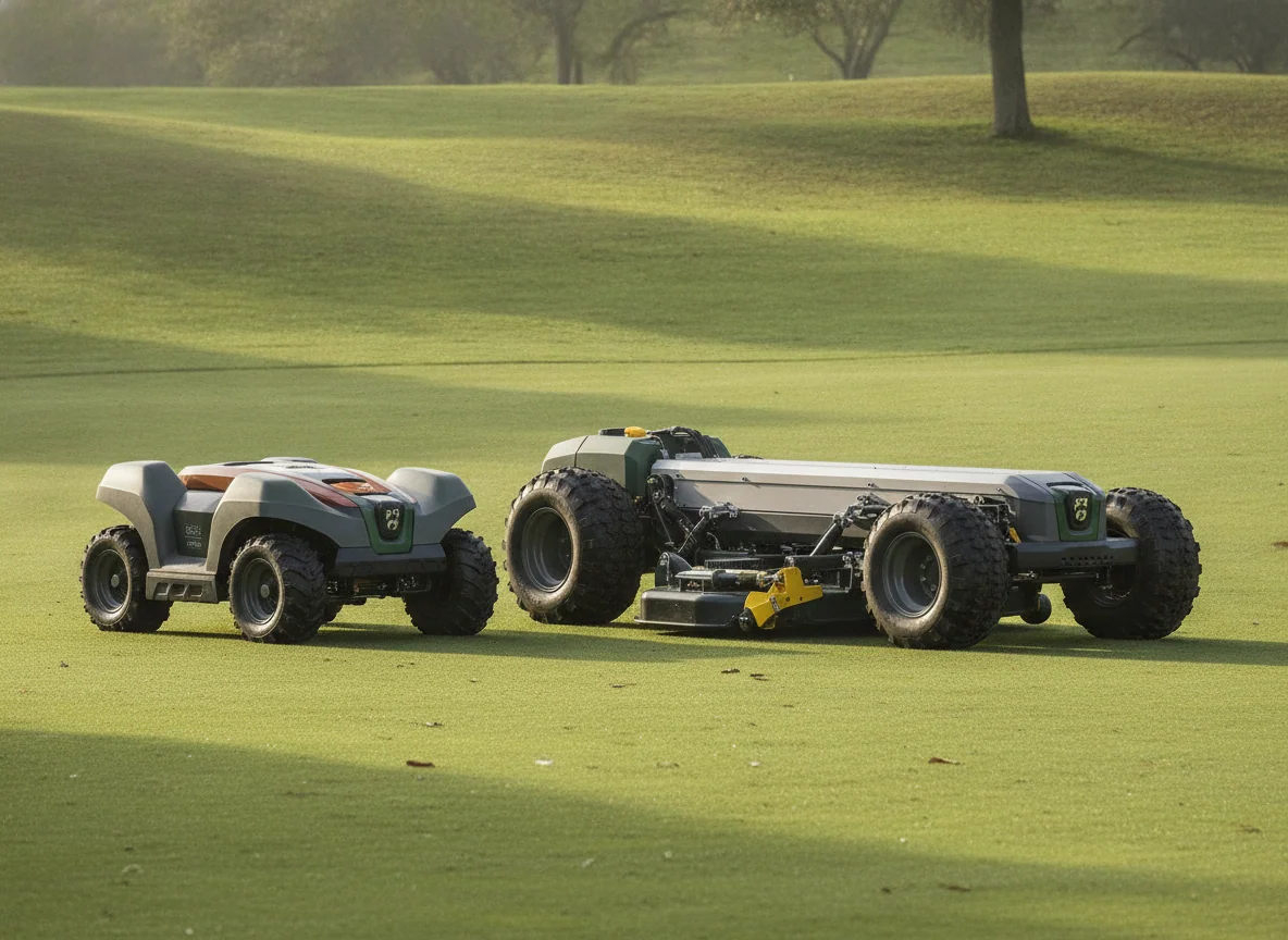 Two heavy-duty robotic mowers stand side by side, showing one with a longer body and wider wheel stance.