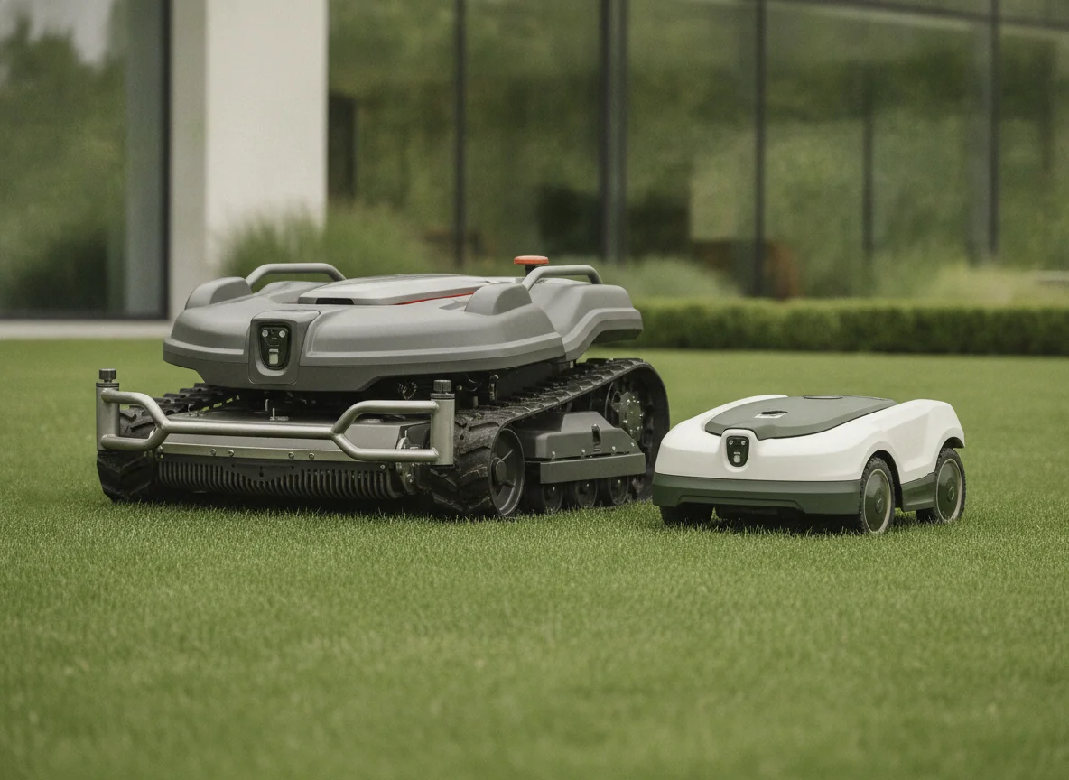 A wide rugged robotic mower sits beside a compact mower with a smaller cutting deck on short grass.