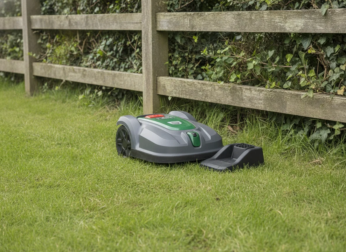 An affordable-looking robotic lawn mower sits on its basic charging pad beside short grass and a fence line.