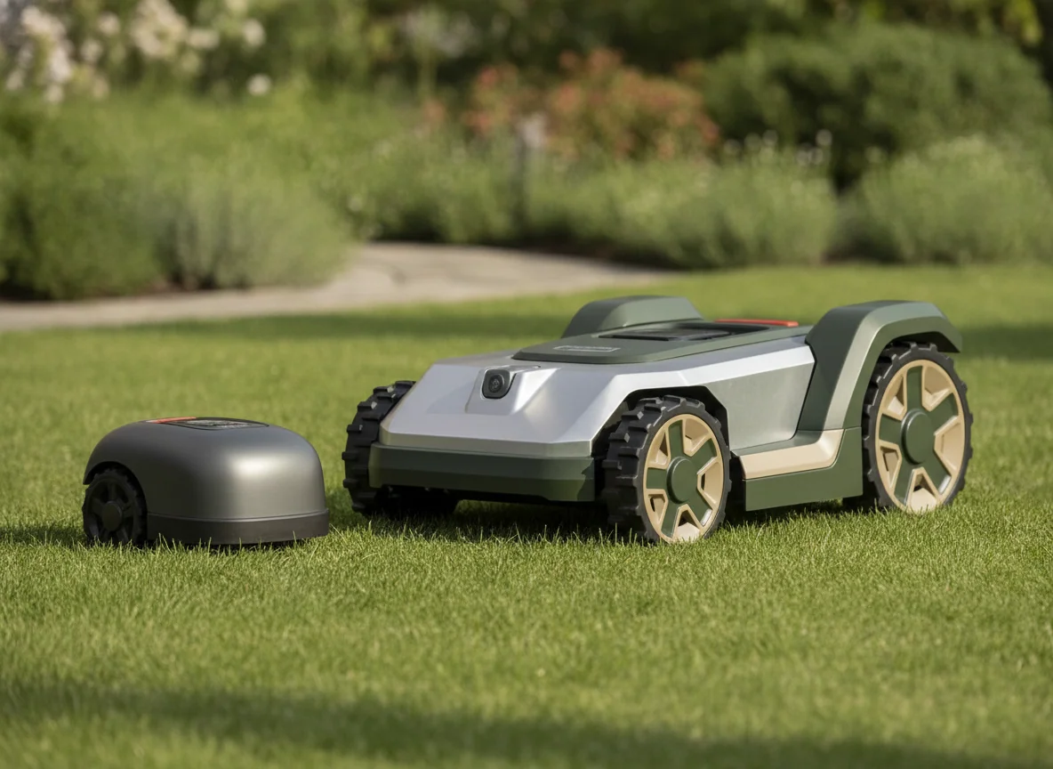 A smaller robotic lawn mower sits beside a larger mower with a wider cutting deck and larger wheels.