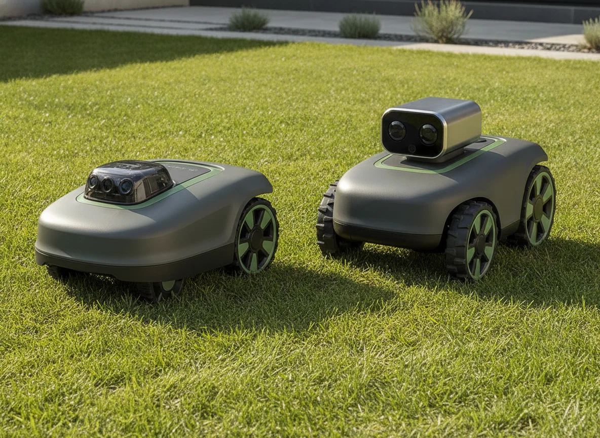 Two similar compact robotic lawn mowers show different top sensor housings and wheel widths on short grass.