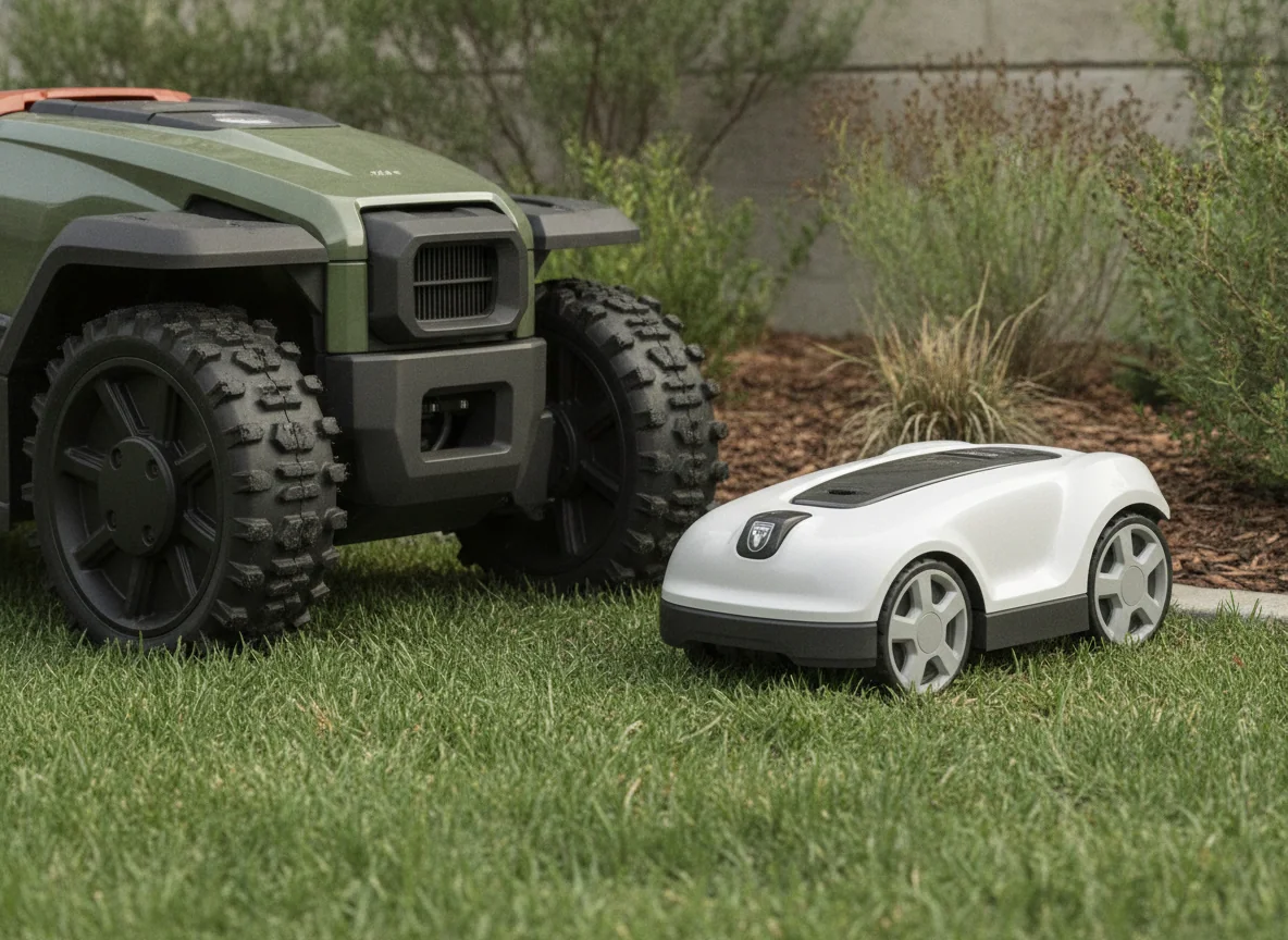 The large treaded wheels of a rugged robotic mower sit beside the smaller wheels of a compact mower.
