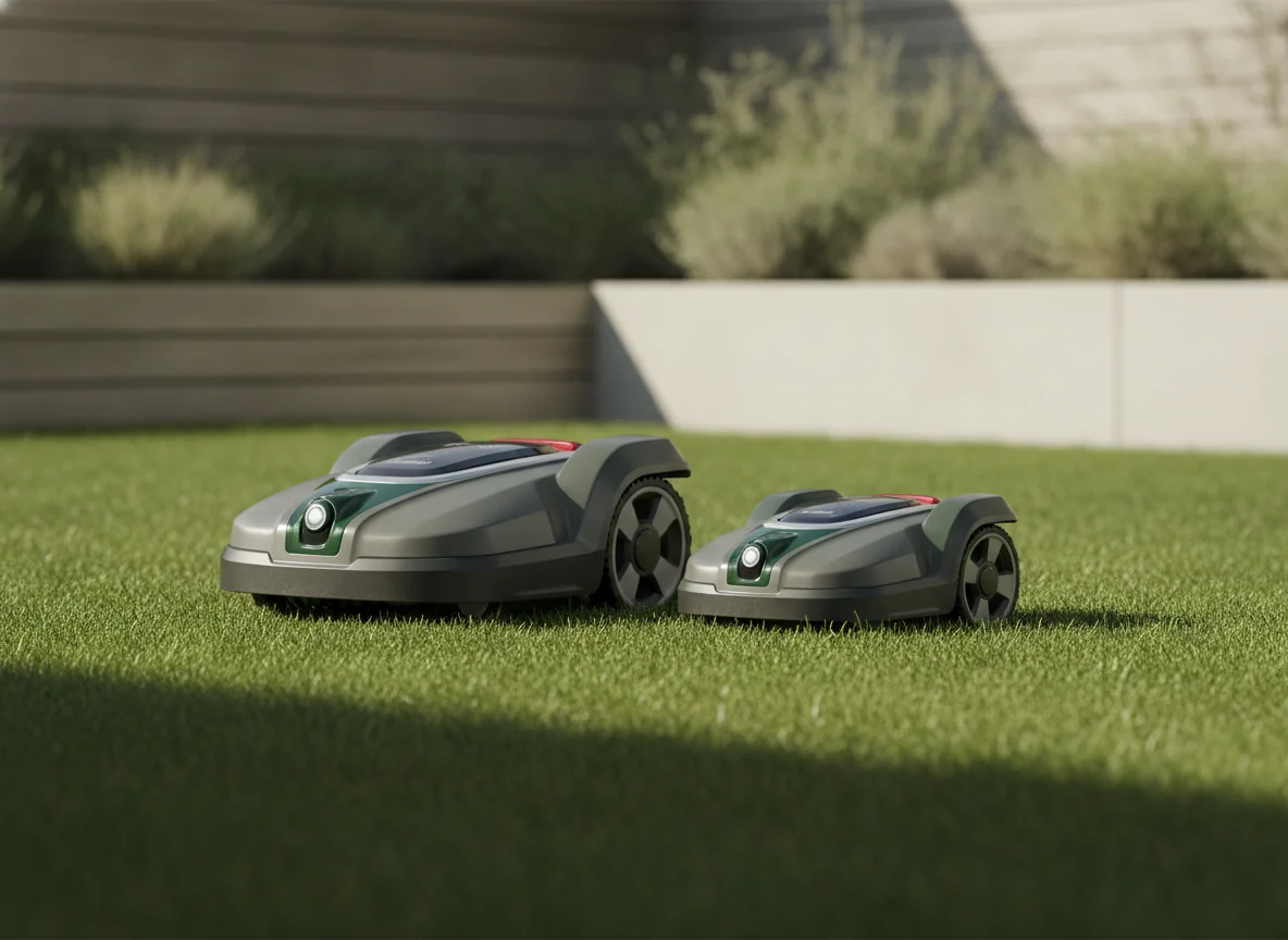 Two robotic mowers are lined up on grass, showing the larger machine's wider deck and longer body.