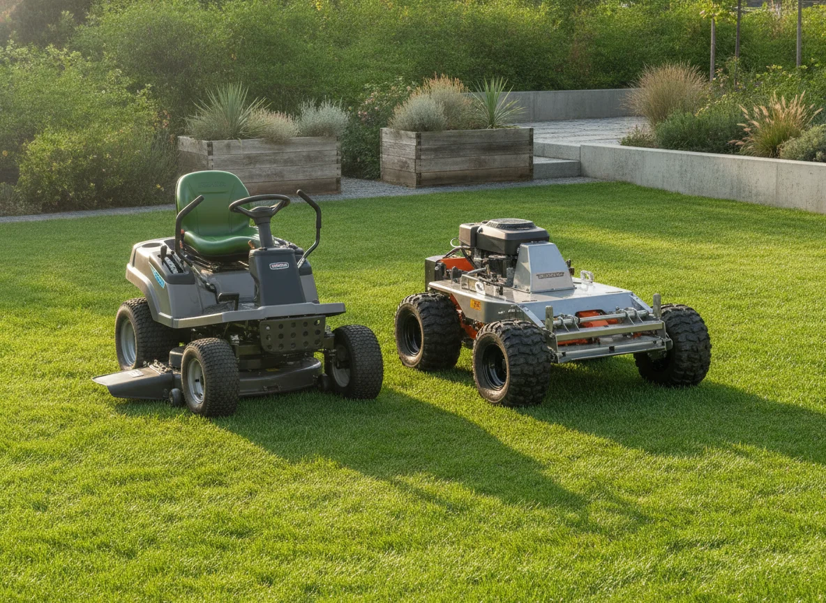 A compact mower with standard wheels stands beside a compact all-wheel-drive mower with deeper tread.