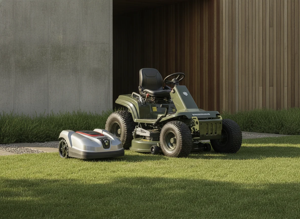 A smaller robotic mower stands beside a wider four-wheel-drive mower with deep-tread wheels.
