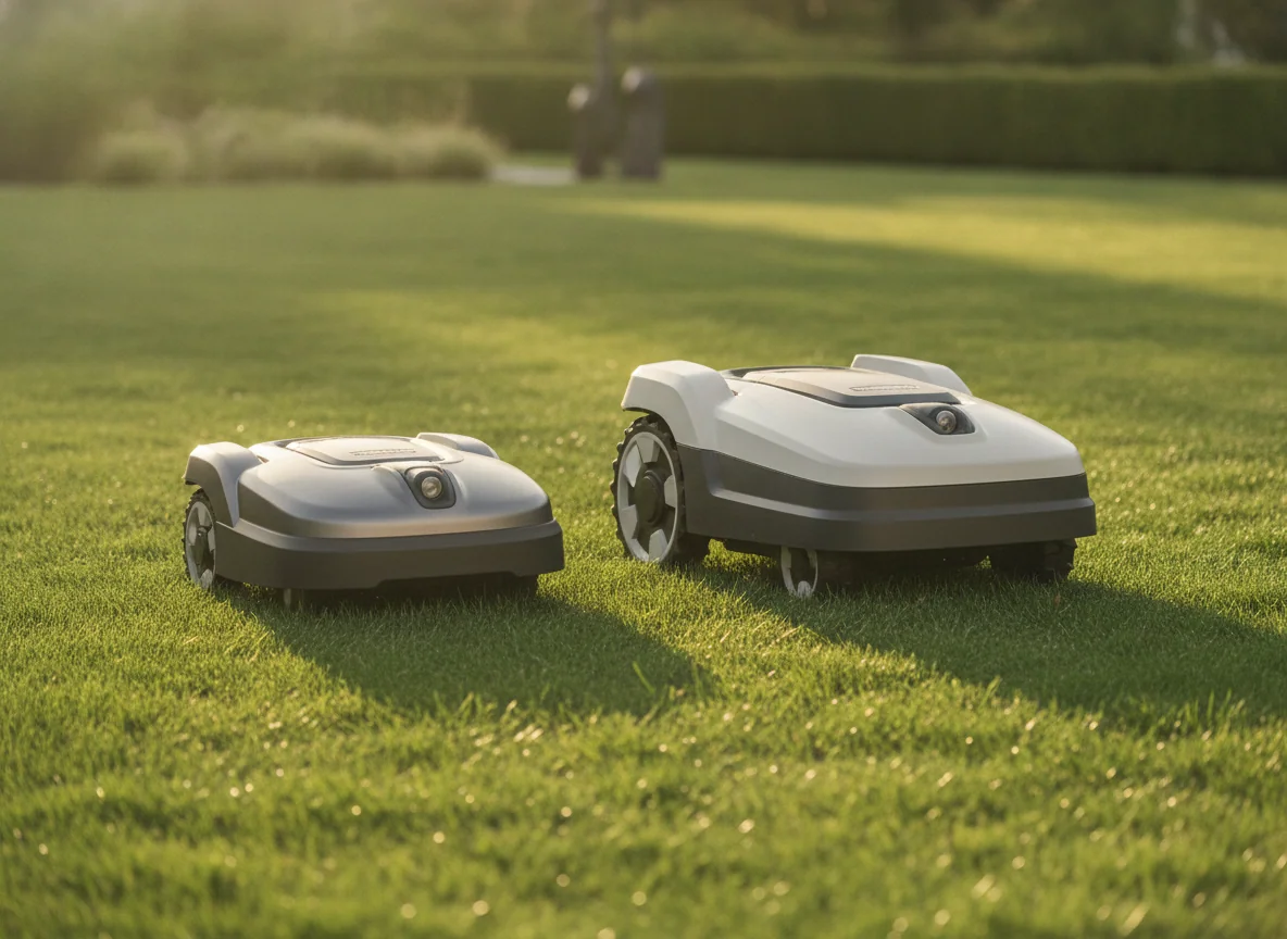 A compact robotic mower sits beside a slightly wider mower with different wheel spacing on short grass.