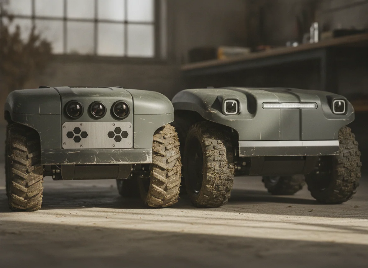 Two rugged robotic mower bodies sit side by side, showing different front sensor panels and wheel tread.