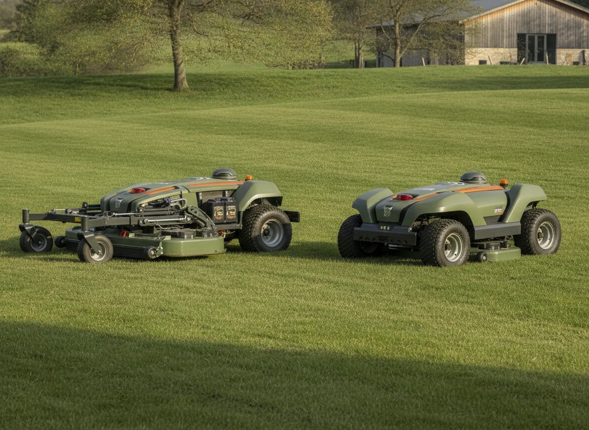 Two related heavy-duty robotic mowers show different body lengths and cutting deck widths beside each other.