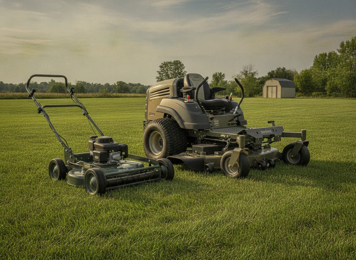 A compact mower and a larger mower show their different body lengths and wheel widths on short grass.