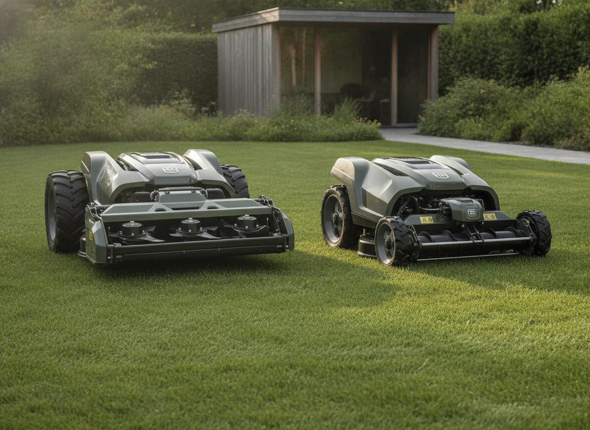 Two large robotic mower bodies show different wheel sizes and front-mounted cutting sections on grass.