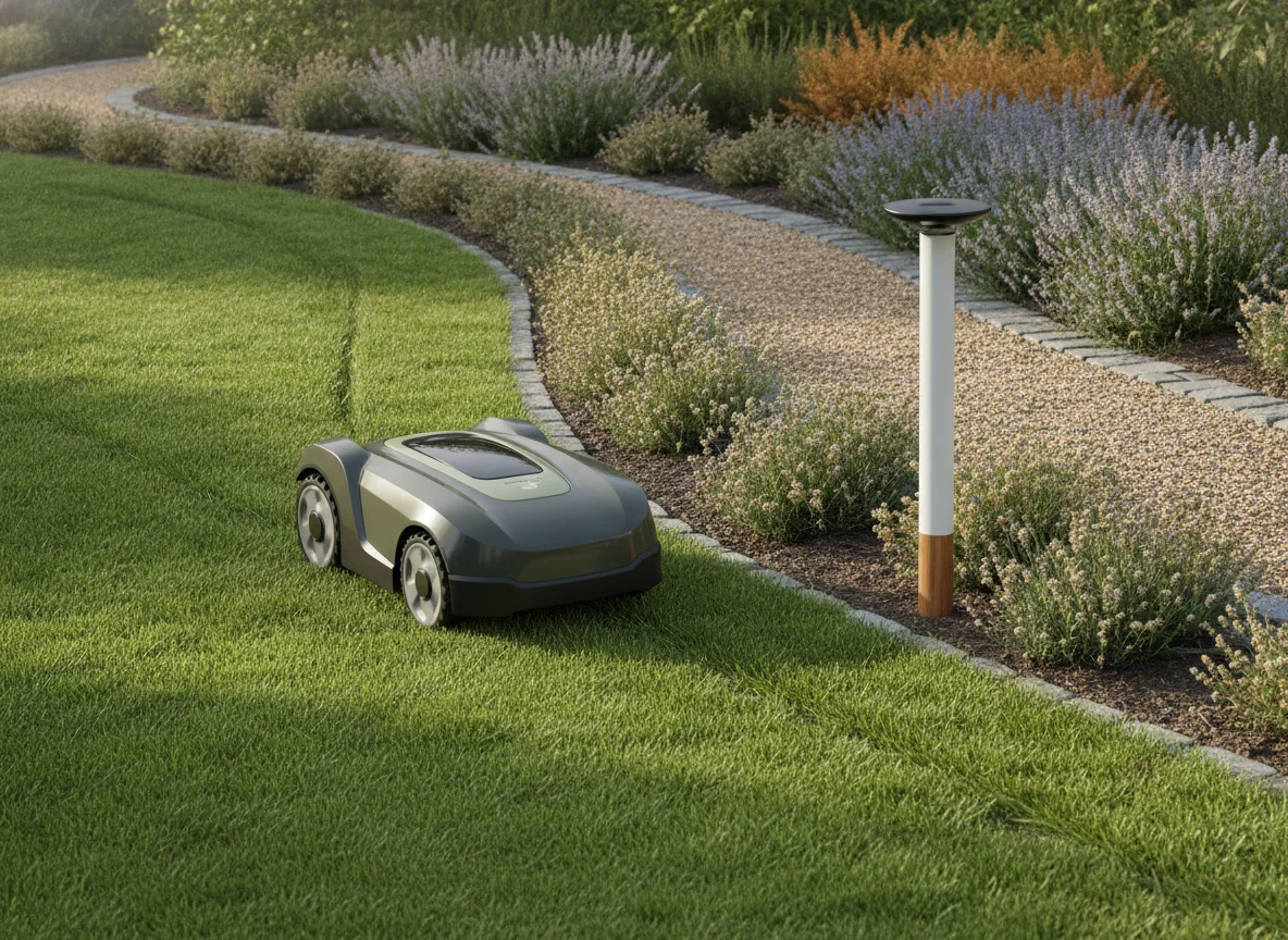 A wire-free robotic lawn mower passes a garden path while a small positioning antenna stands near the edge of the yard.
