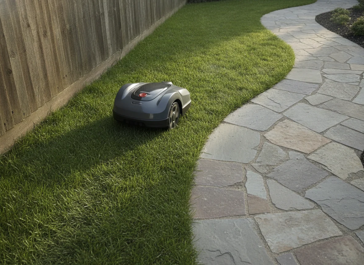 A compact robotic lawn mower turns beside a narrow grass strip between a fence and a stone path.