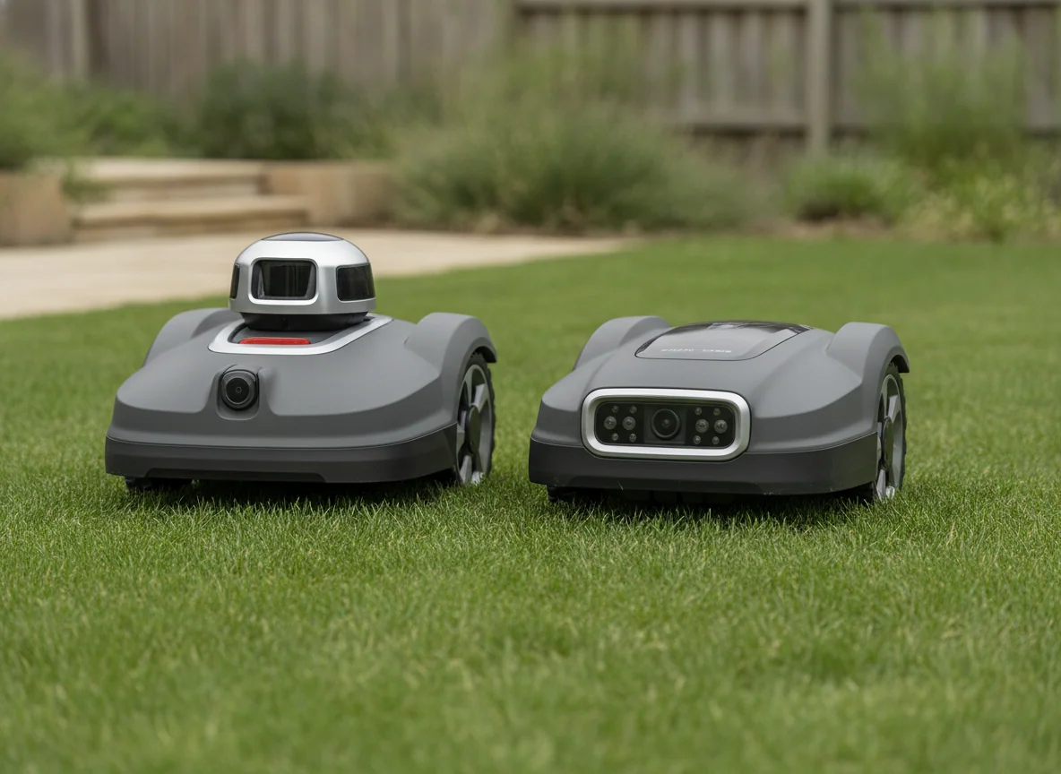 A compact mower with a raised sensor area sits beside a compact mower with a front-facing camera panel.