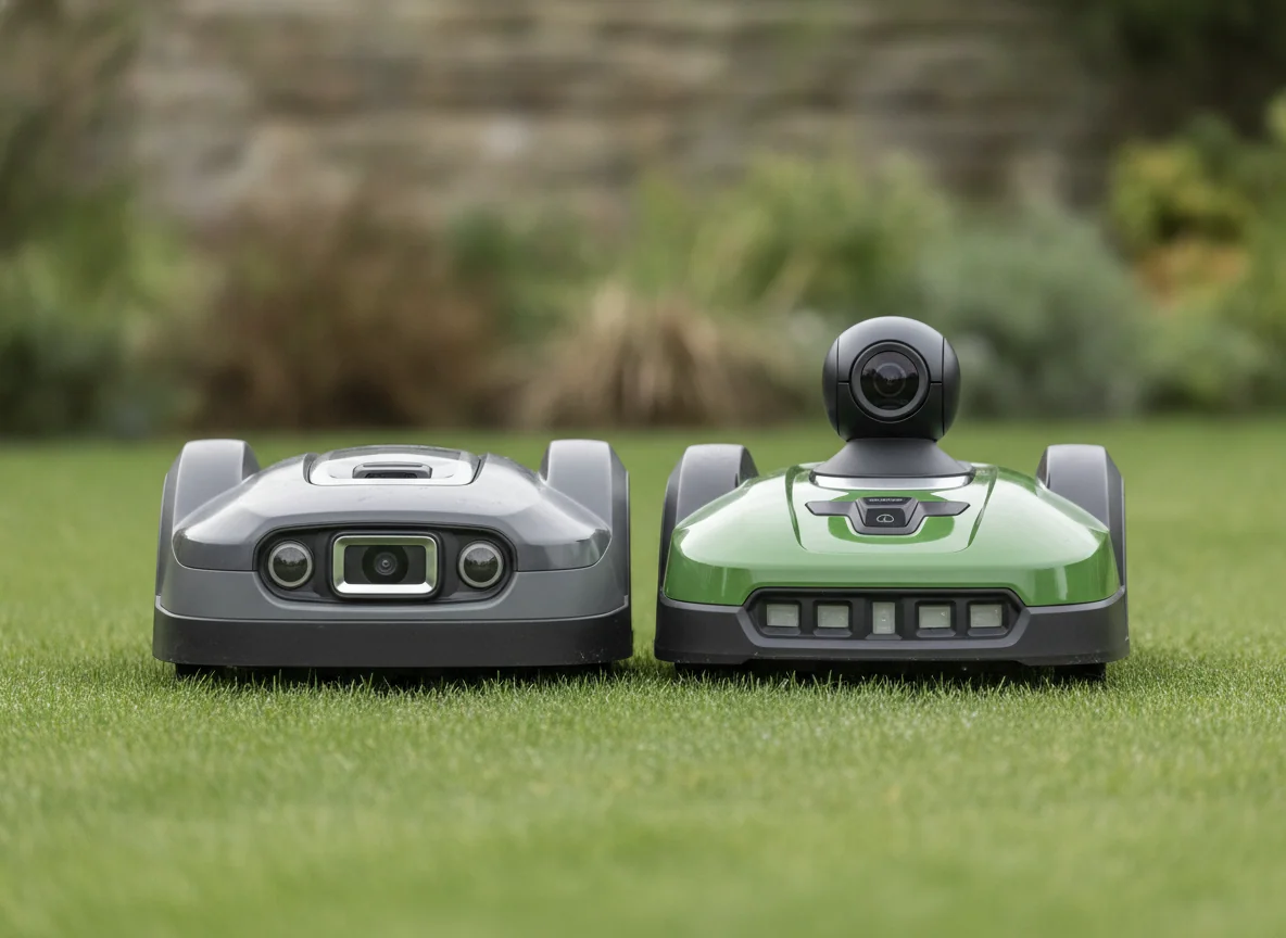 Two robotic lawn mowers are parked nose to nose, showing different front camera and sensor layouts.