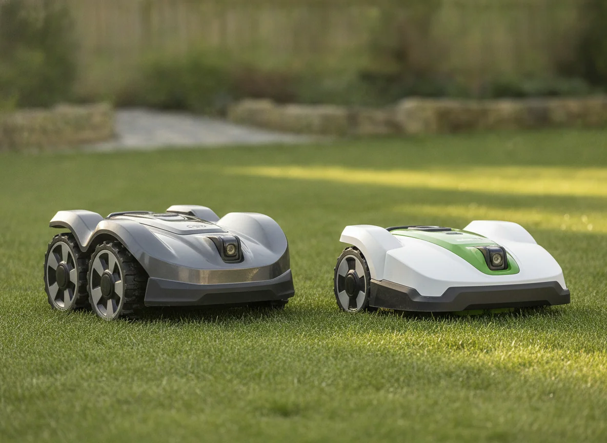 Two robotic lawn mowers stand side by side on short grass, showing different wheel sizes and cutting deck shapes.