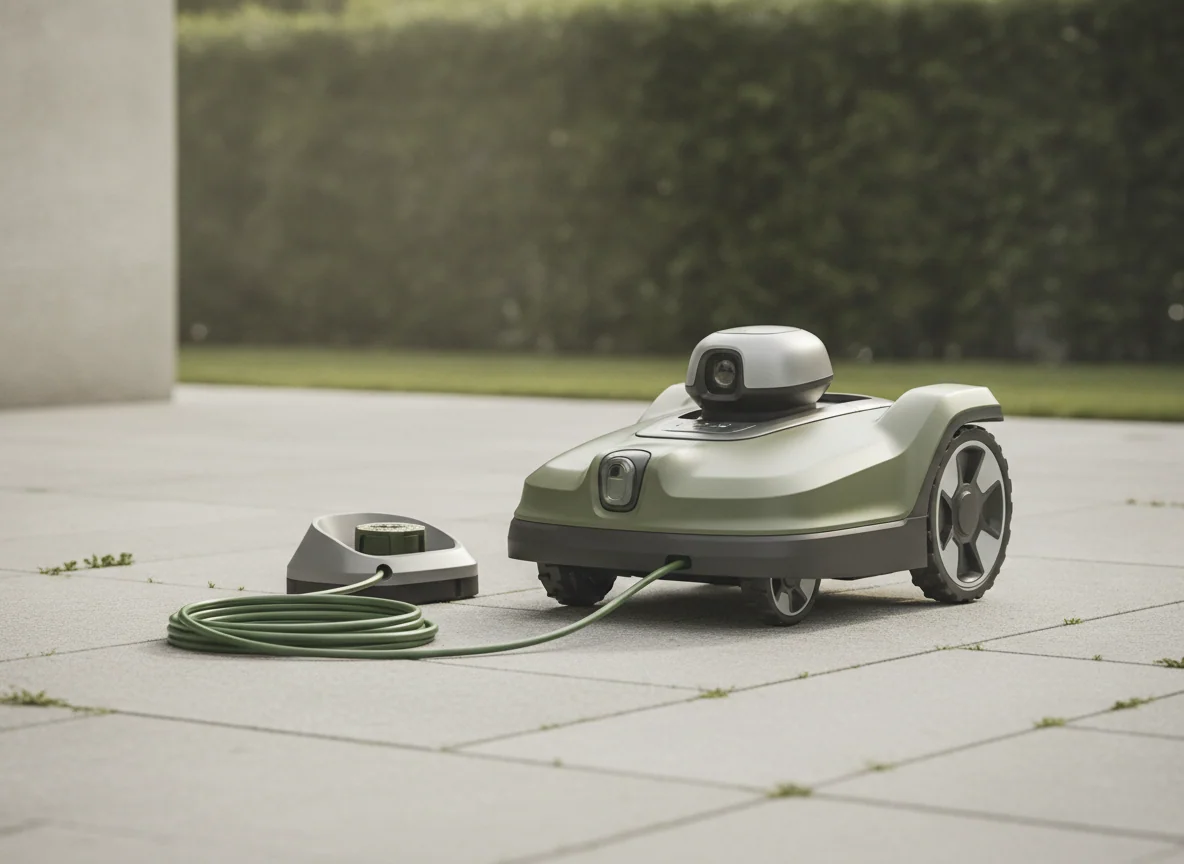 A small charging station with a boundary wire sits beside a larger robotic mower with a raised sensor housing.