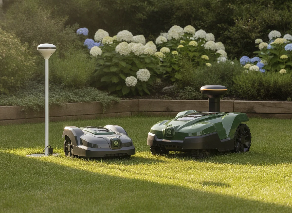 A robotic mower beside a positioning antenna stands next to a mower with a raised navigation sensor.