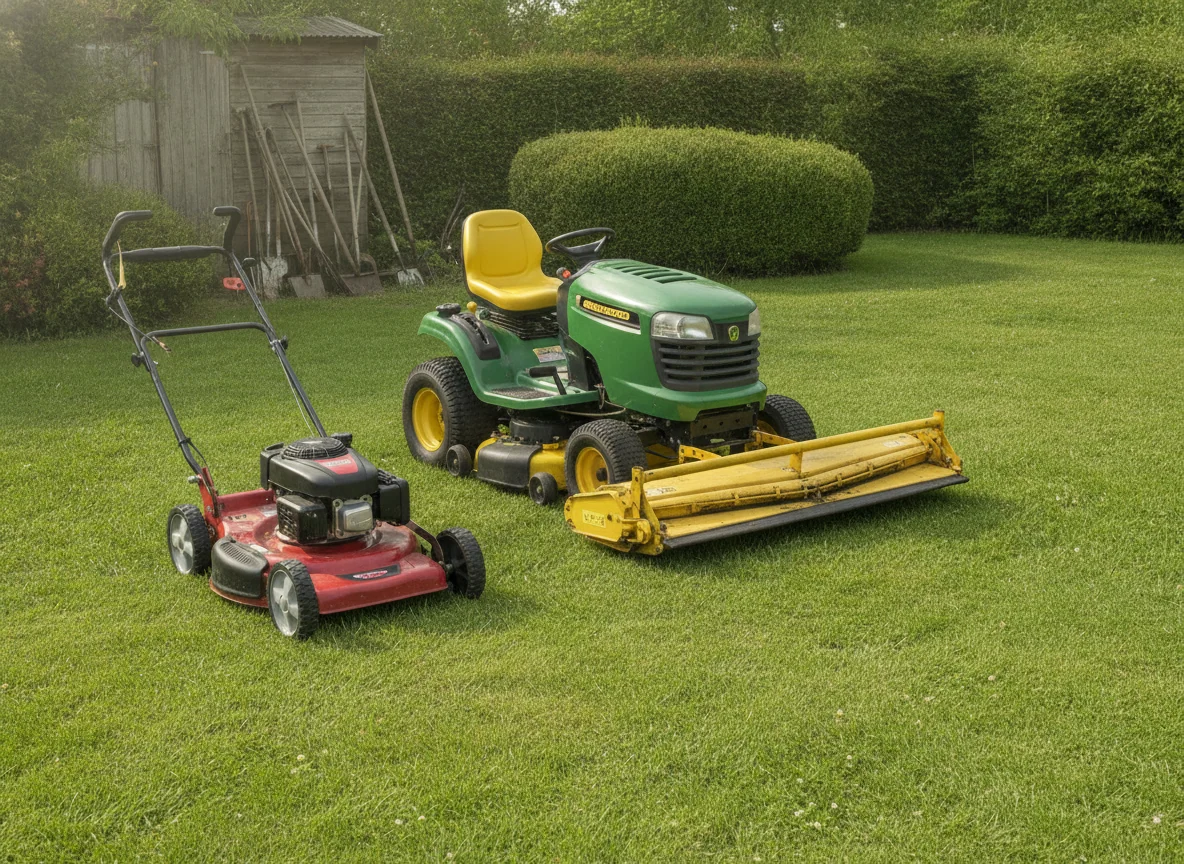 A compact mower and a wider mower stand side by side, showing their different cutting deck widths.
