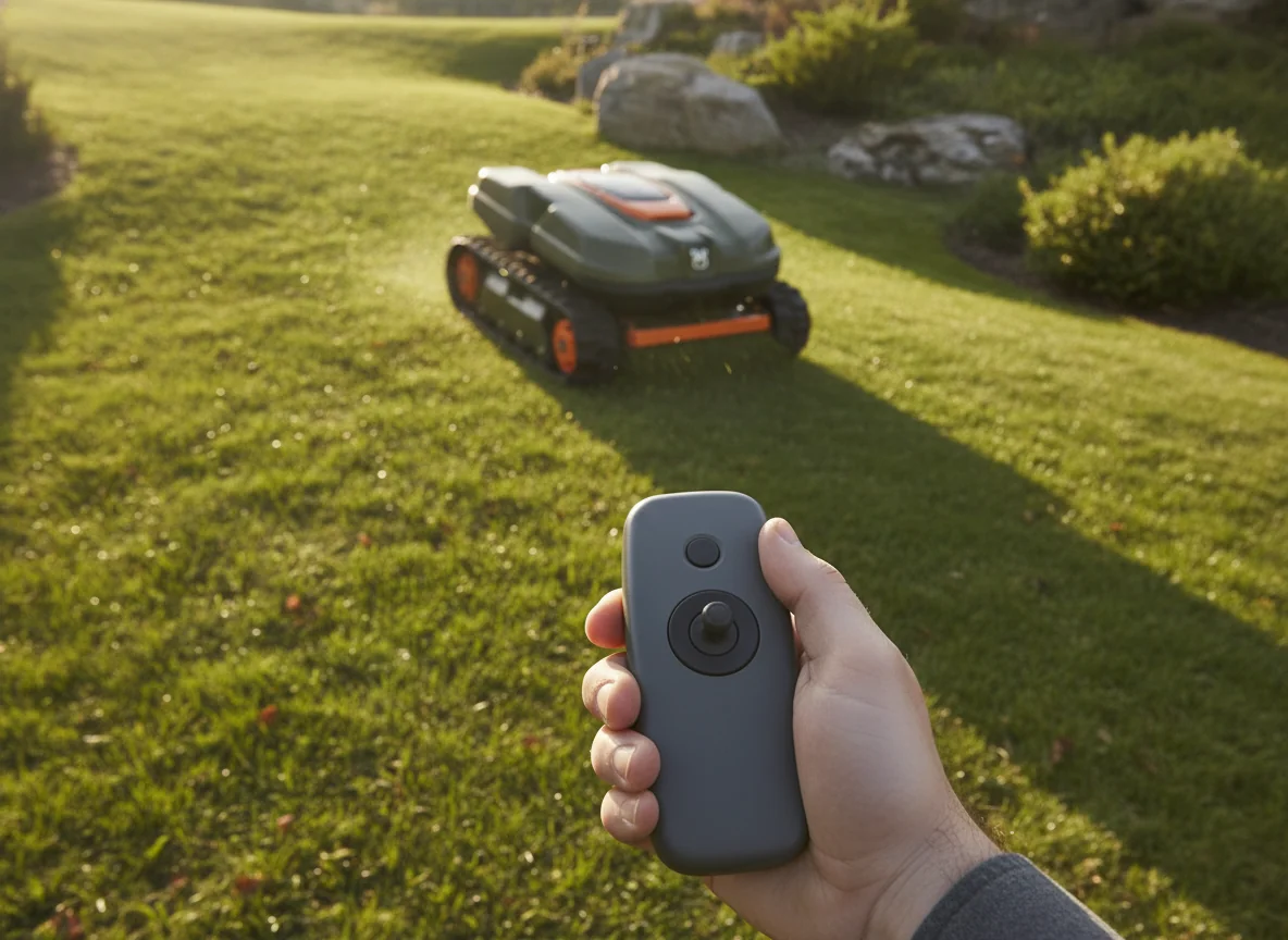 A hand holds a plain remote controller while a tracked lawn mower works on the grassy incline in front of it.