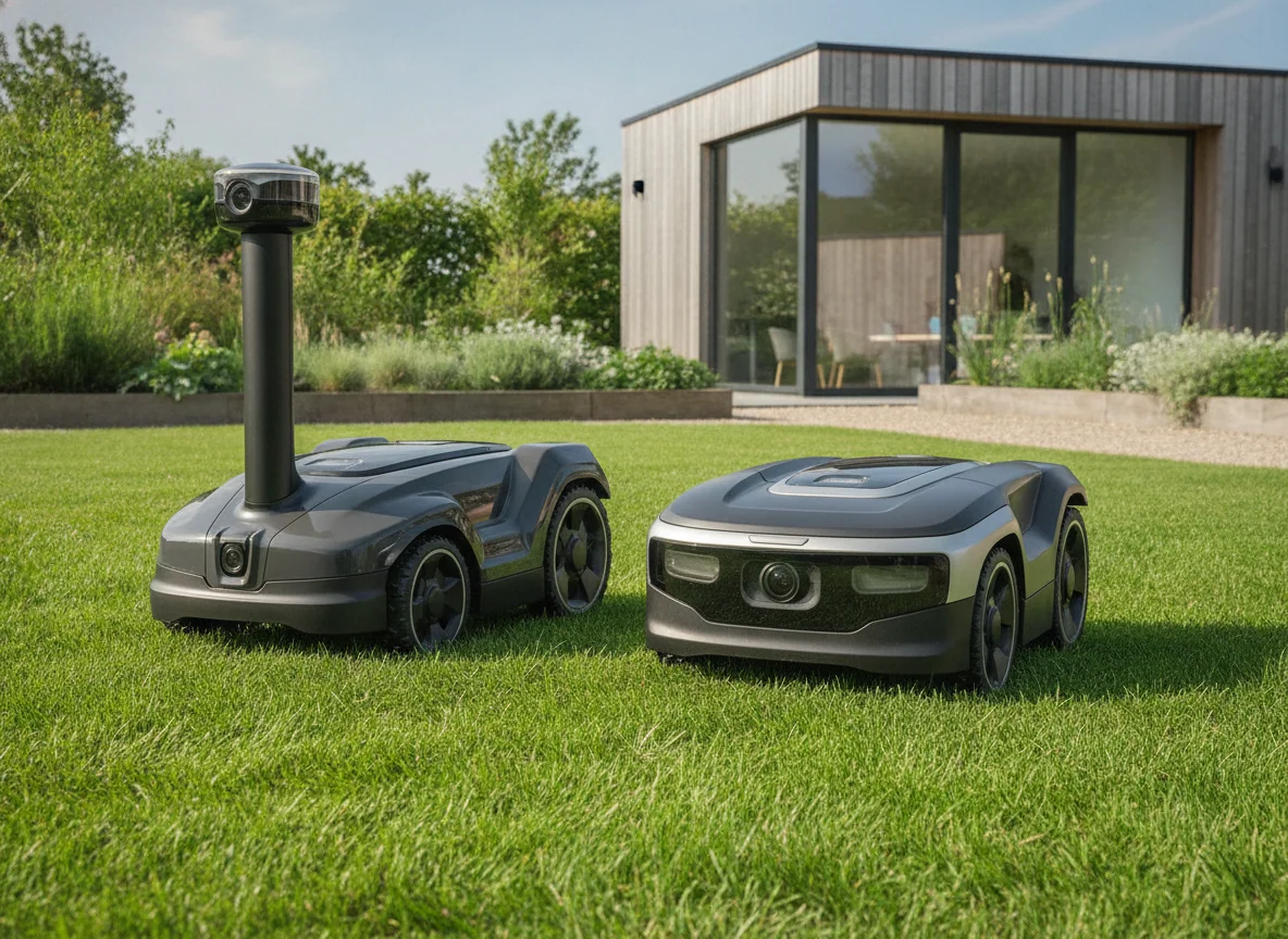A robotic mower with a raised navigation sensor stands beside a mower with a low front camera panel.