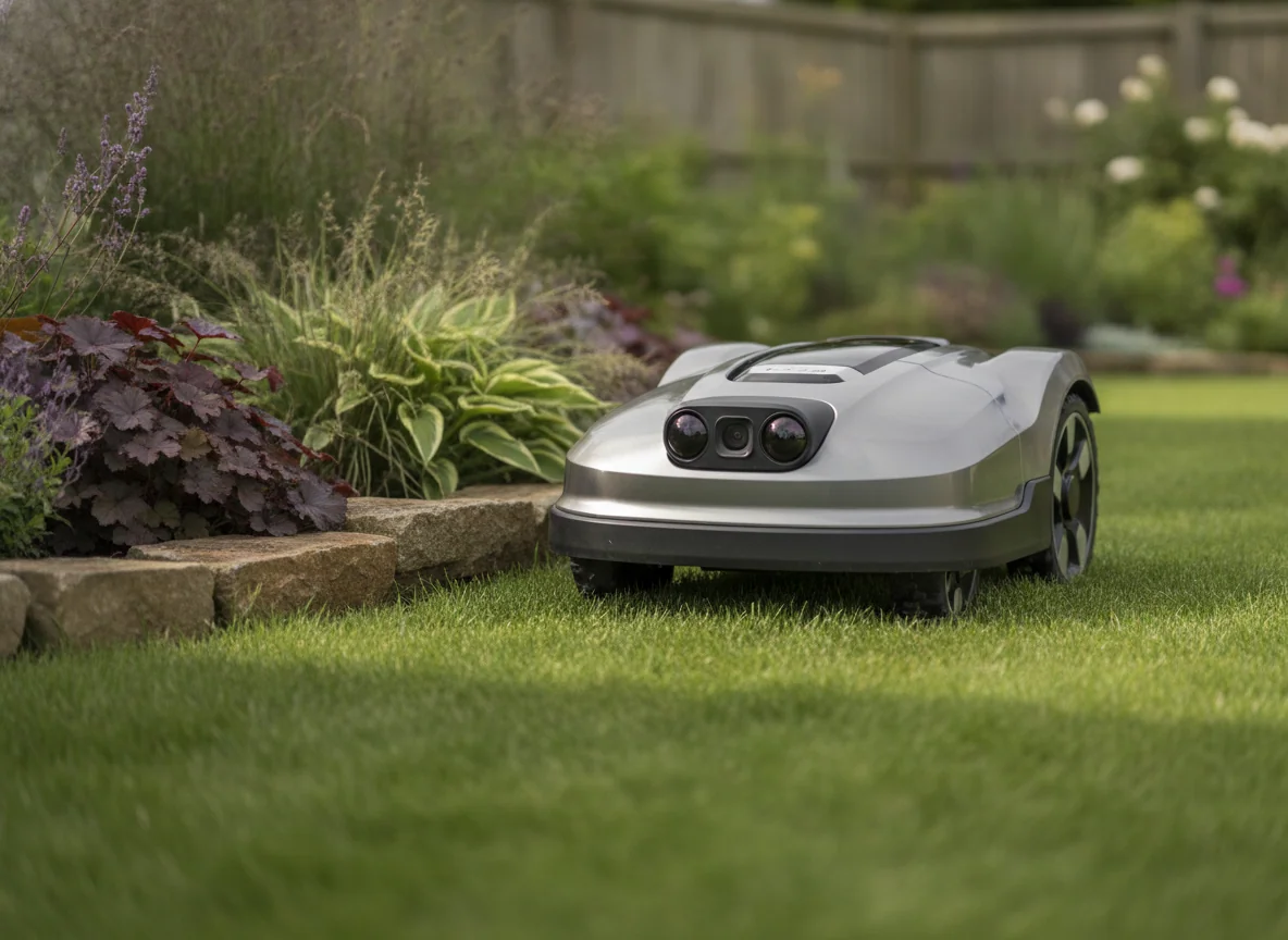 A robotic lawn mower approaches a small garden obstacle with its front sensor housing and wheels clearly visible.