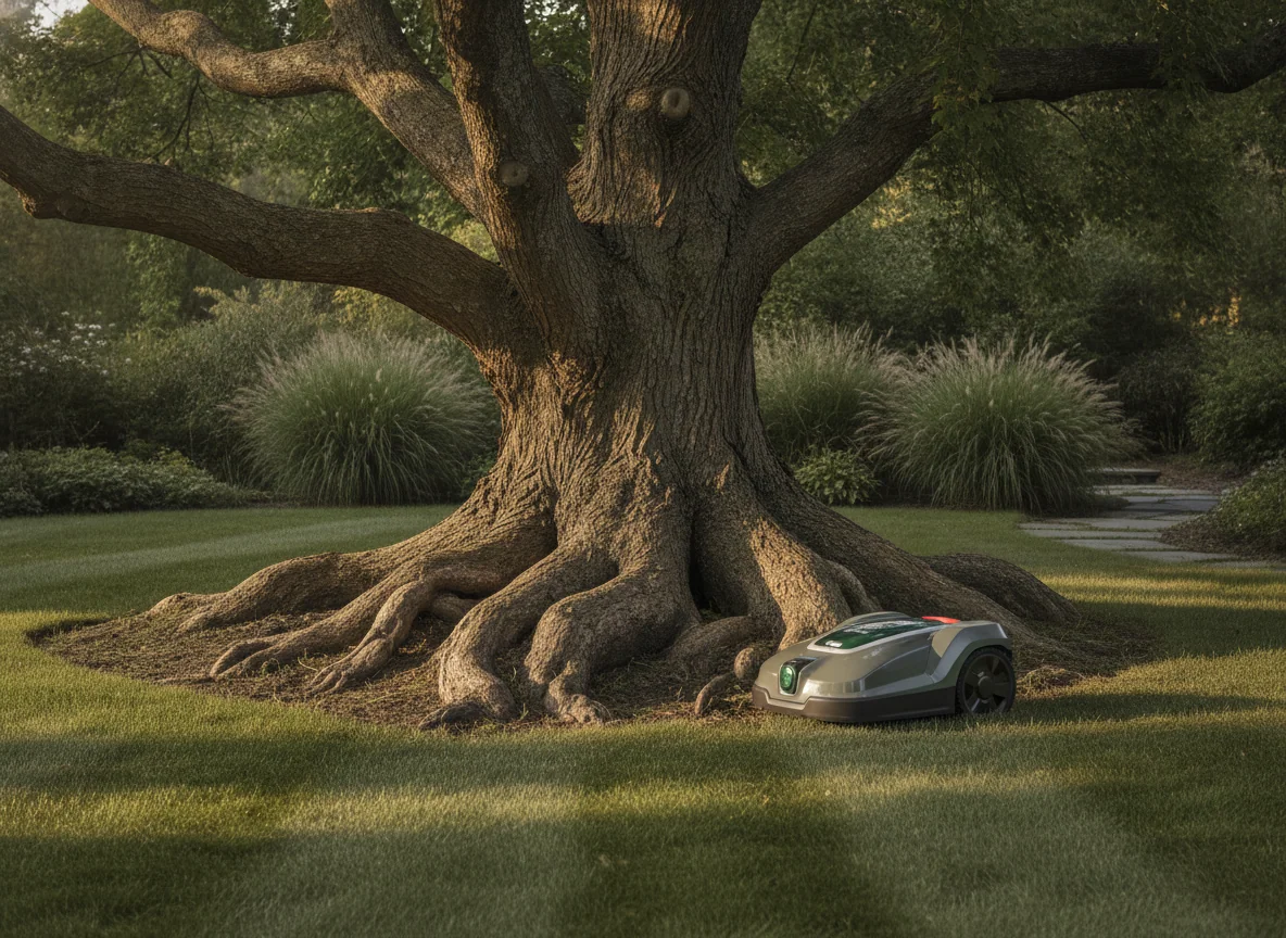 A robotic lawn mower passes closely around the exposed roots and trunk of a large maple tree.