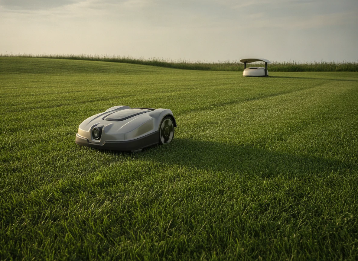 A robotic lawn mower moves through a wide open section of grass with its charging station far behind it.