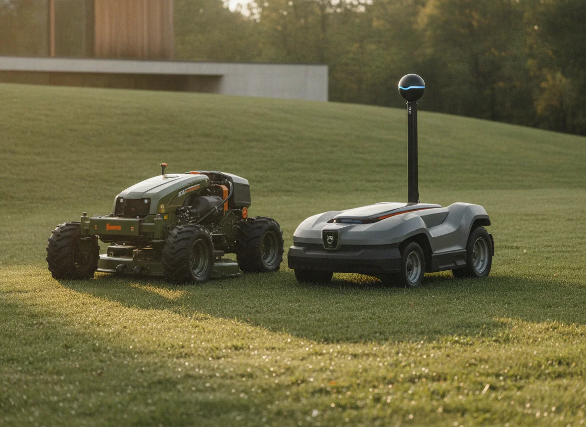 A heavy all-wheel-drive mower with deep tread stands beside a large mower with a raised navigation sensor.