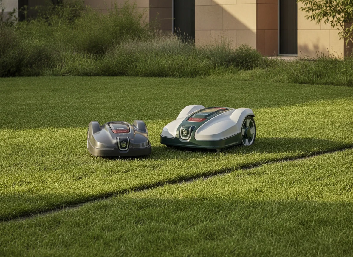A smaller robotic mower and a wider mower are lined up beside a clean strip of freshly cut grass.